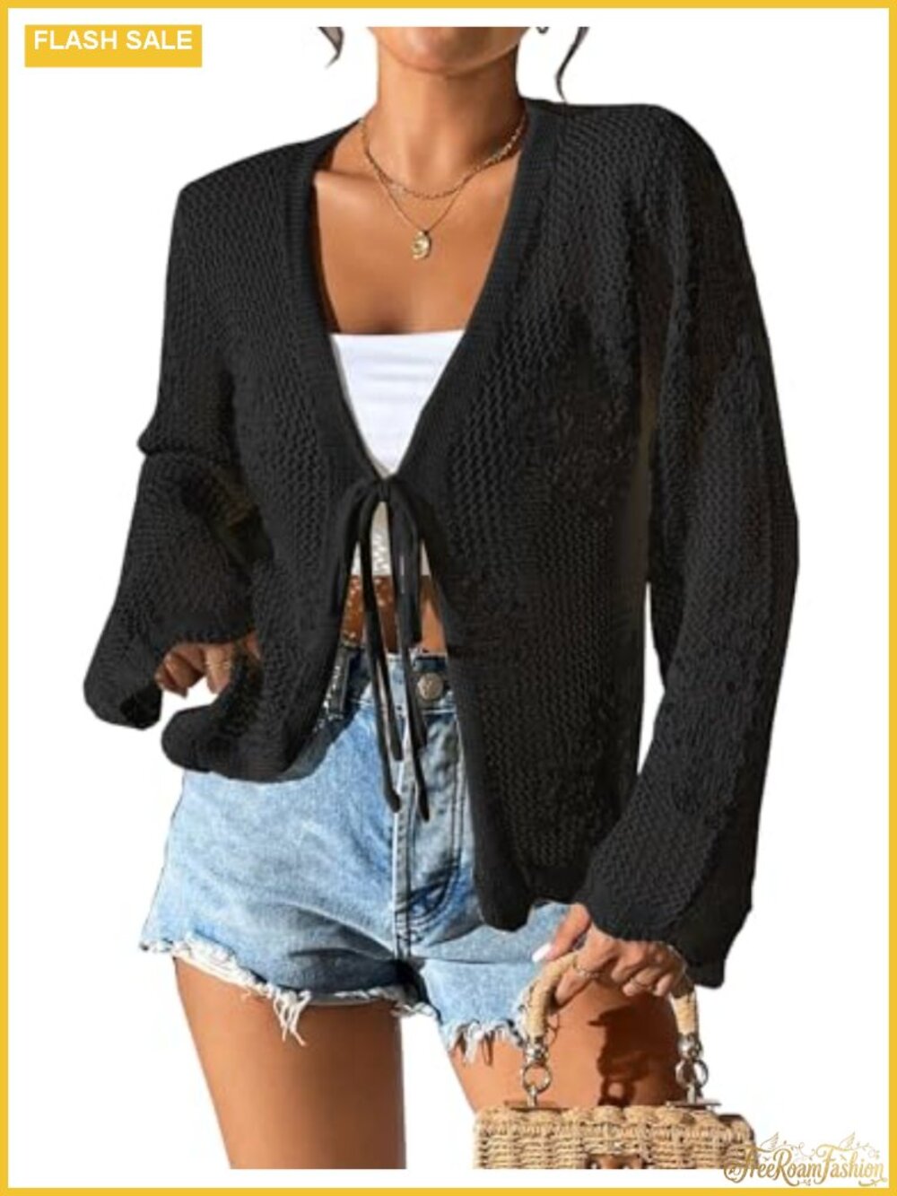 Tie Front Crochet Cardigan Lightweight Long Sleeve Hollow Out Summer Knit